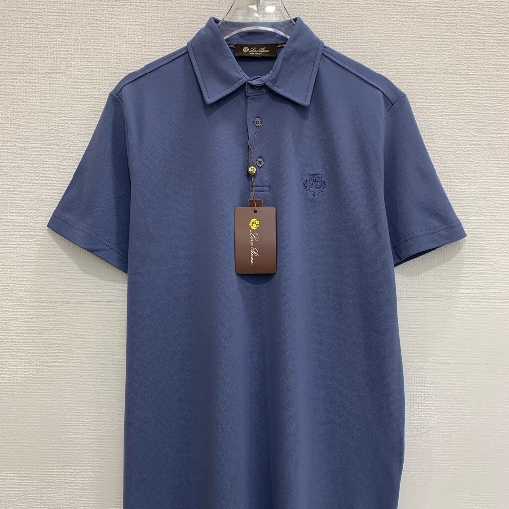 Loro Piana Blue Pique Cotton Polo Shirt With Embroidered Crest Logo